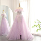 Luxury Feathers Lilac Crystal Evening Dress with Overskirt SS252