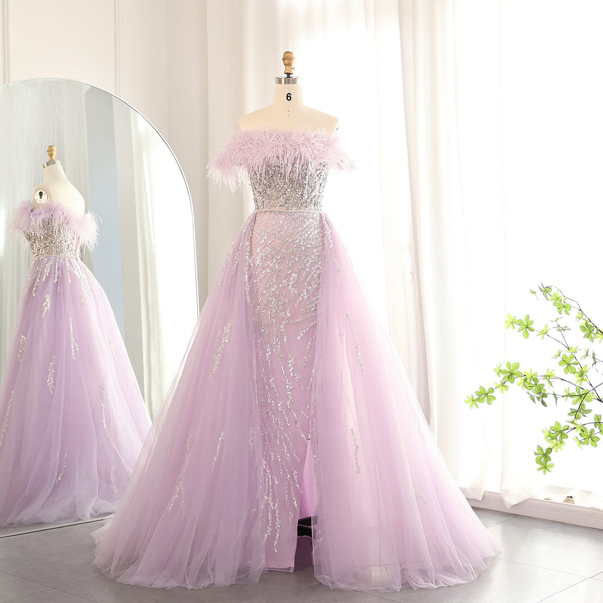 Luxury Feathers Lilac Crystal Evening Dress with Overskirt SS252