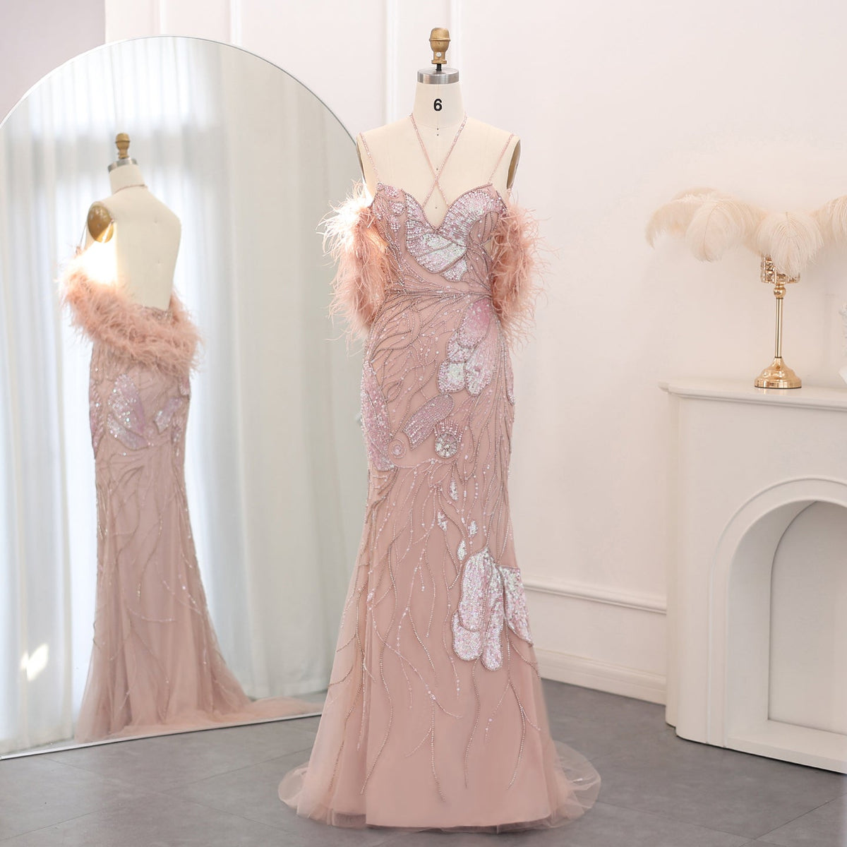 Luxury Mermaid Pink Evening Dress with Feathers Scarf SS478