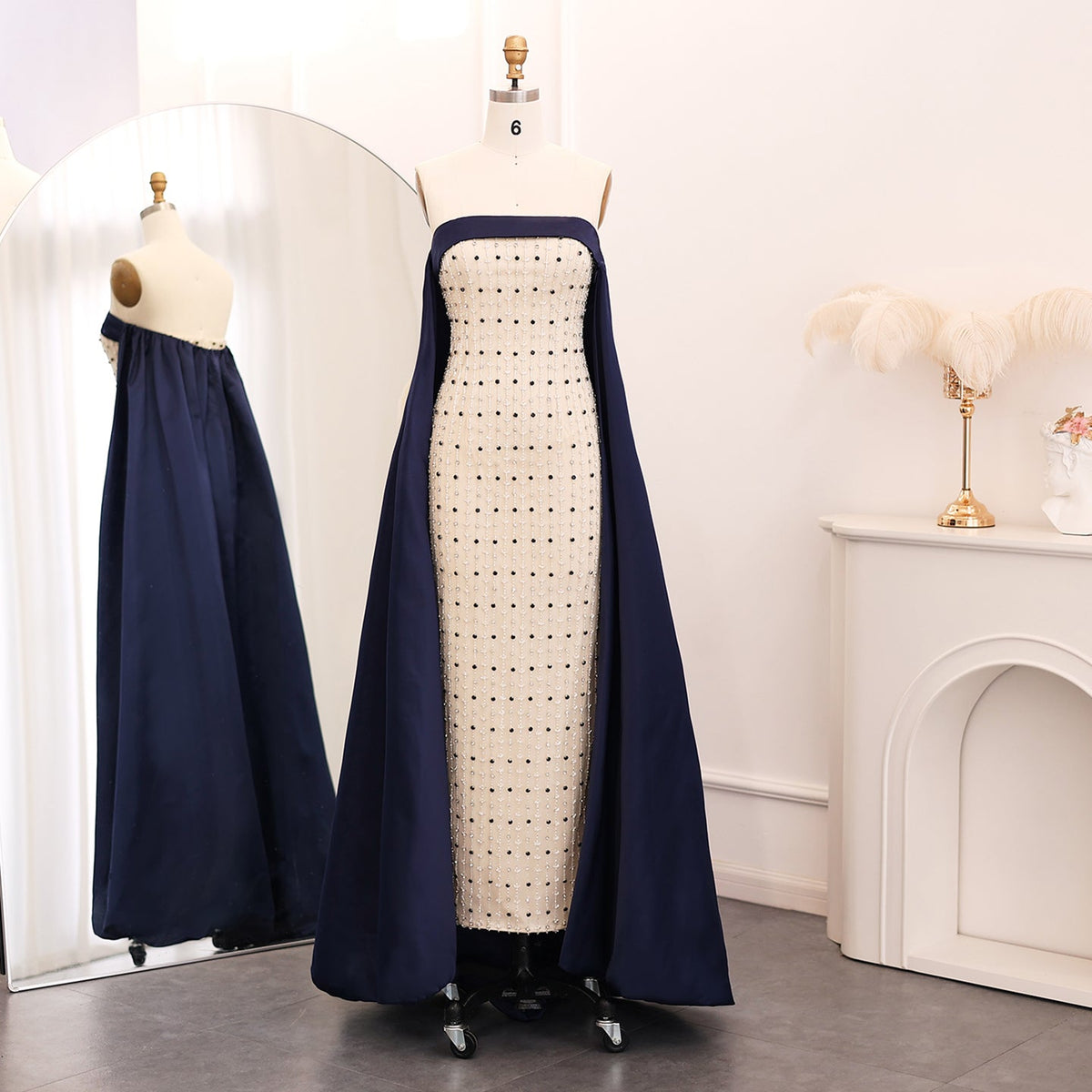 Luxury Beaded White Strapless Evening Dress with Cape SS422