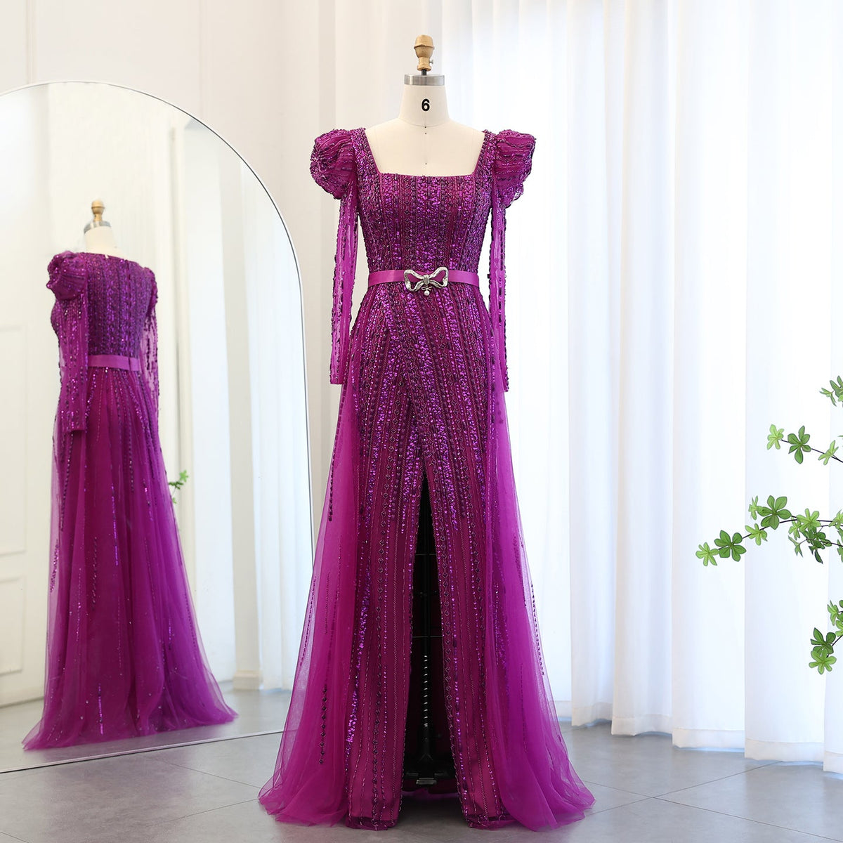 Luxury Fuchsia Long Sleeve Evening Dresses with Overskirt SS318