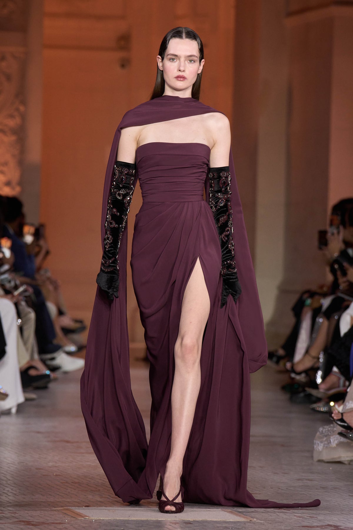 Glamorous Cabernet High-Slit Evening Dress with Scarf SF144