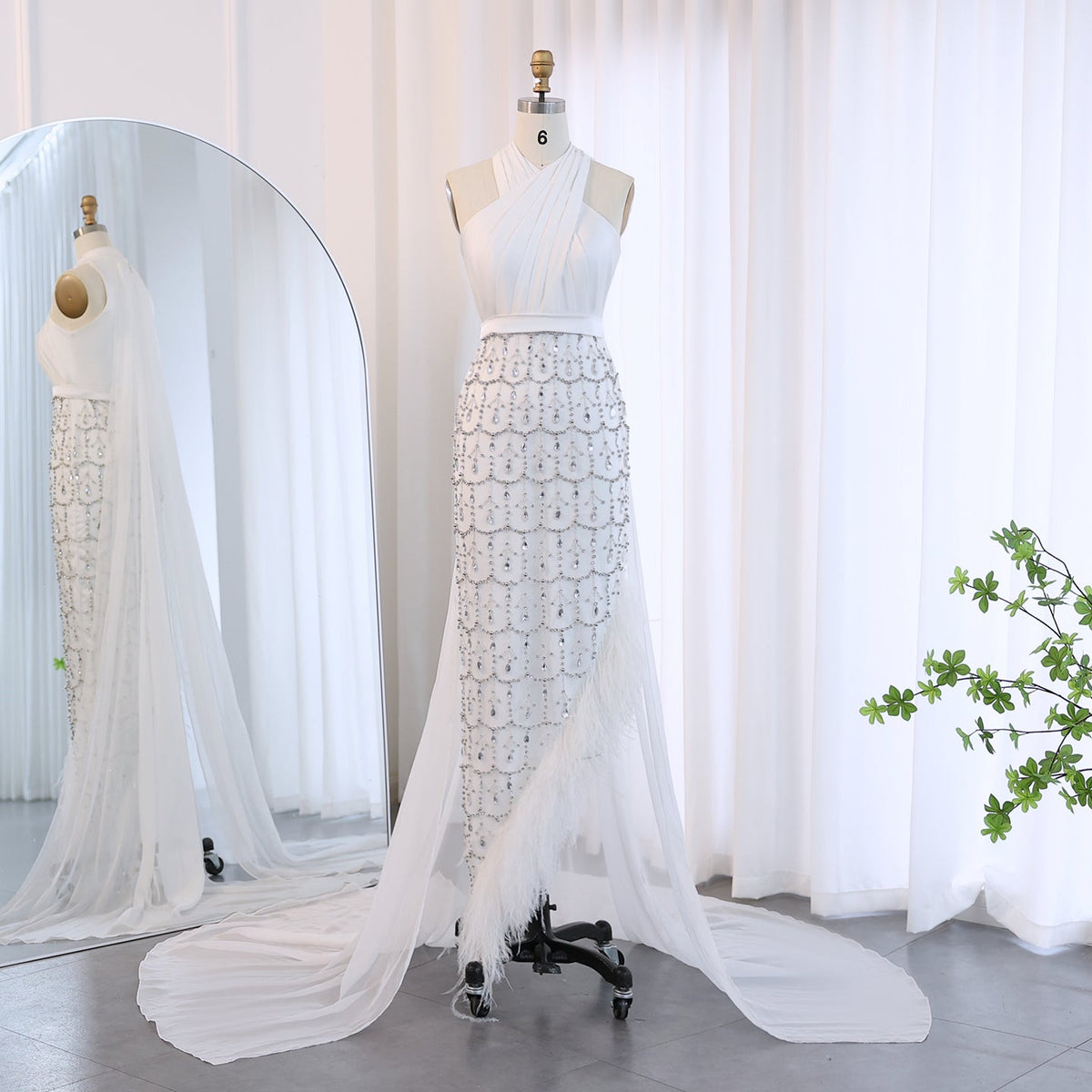 Luxury Feather White Halter Mermaid Evening Dress with Cape SS350