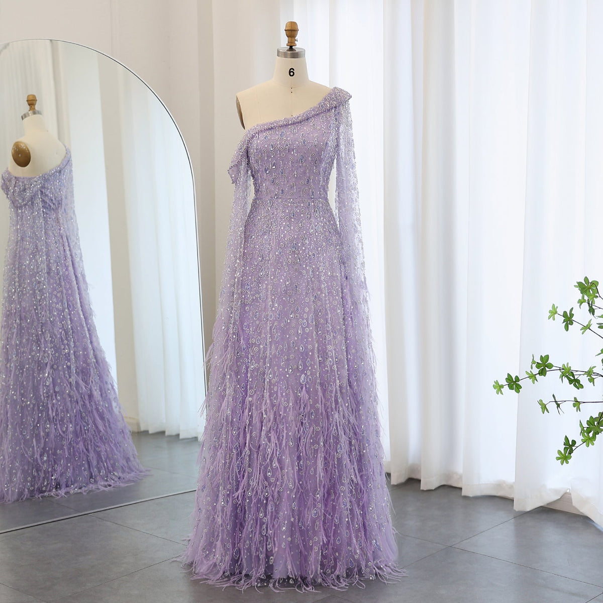 Luxury Feathers Rose Gold Evening Dress with Cape Sleeves SS438
