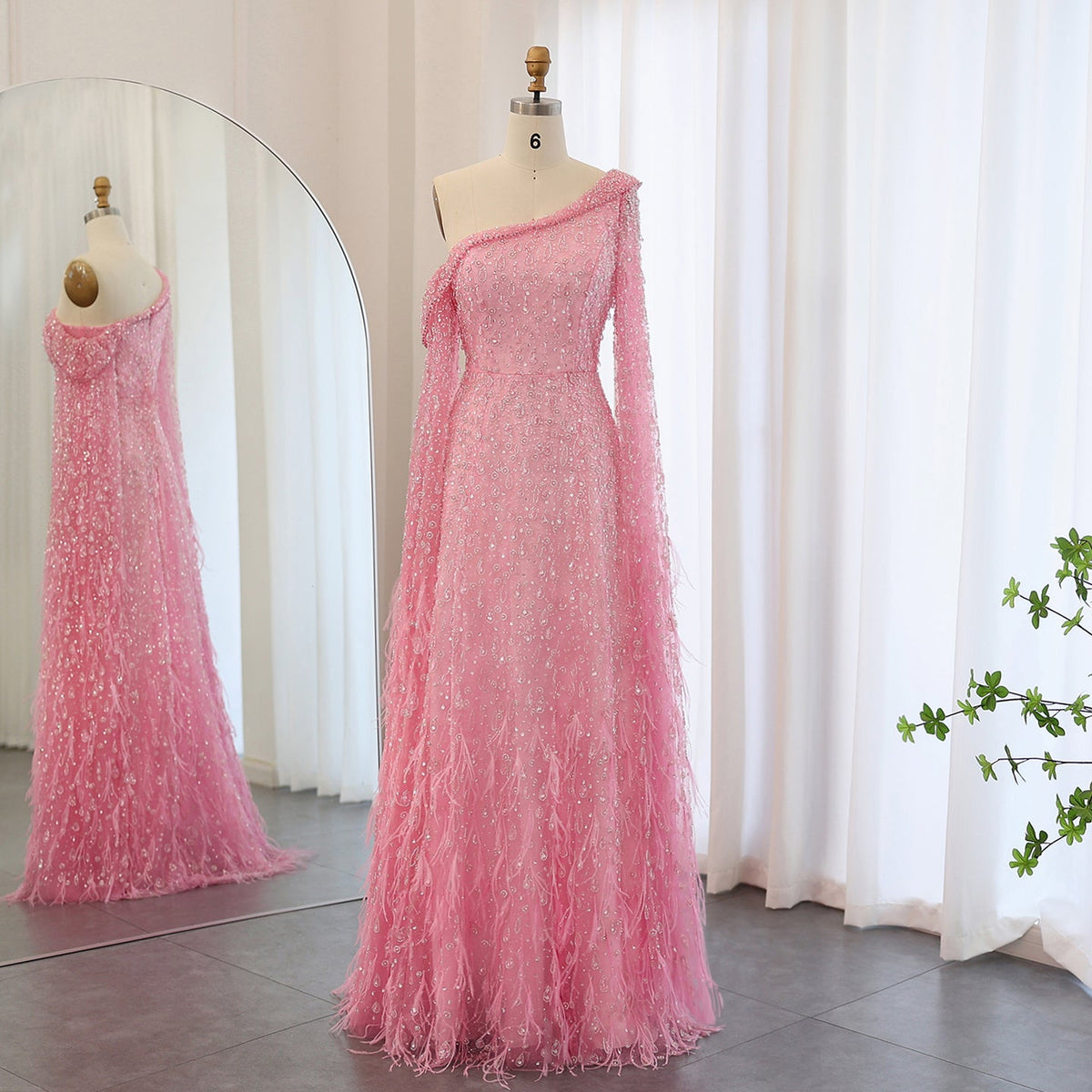 Luxury Feathers Rose Gold Evening Dress with Cape Sleeves SS438