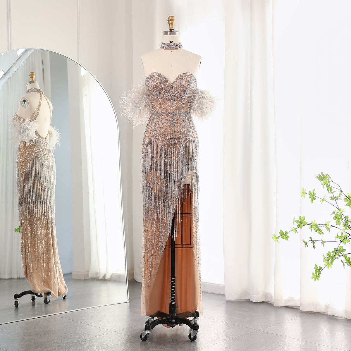 Luxury Tassel Feather Silver Nude Mermaid Evening Dress with Slit SS187