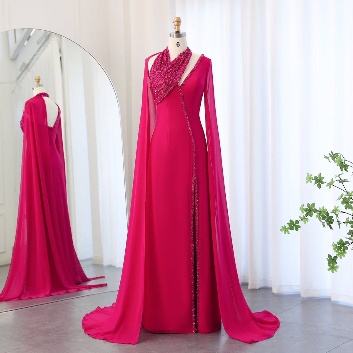 Luxury Beaded Turquoise Chiffon Evening Dress with Cape Sleeves SS474