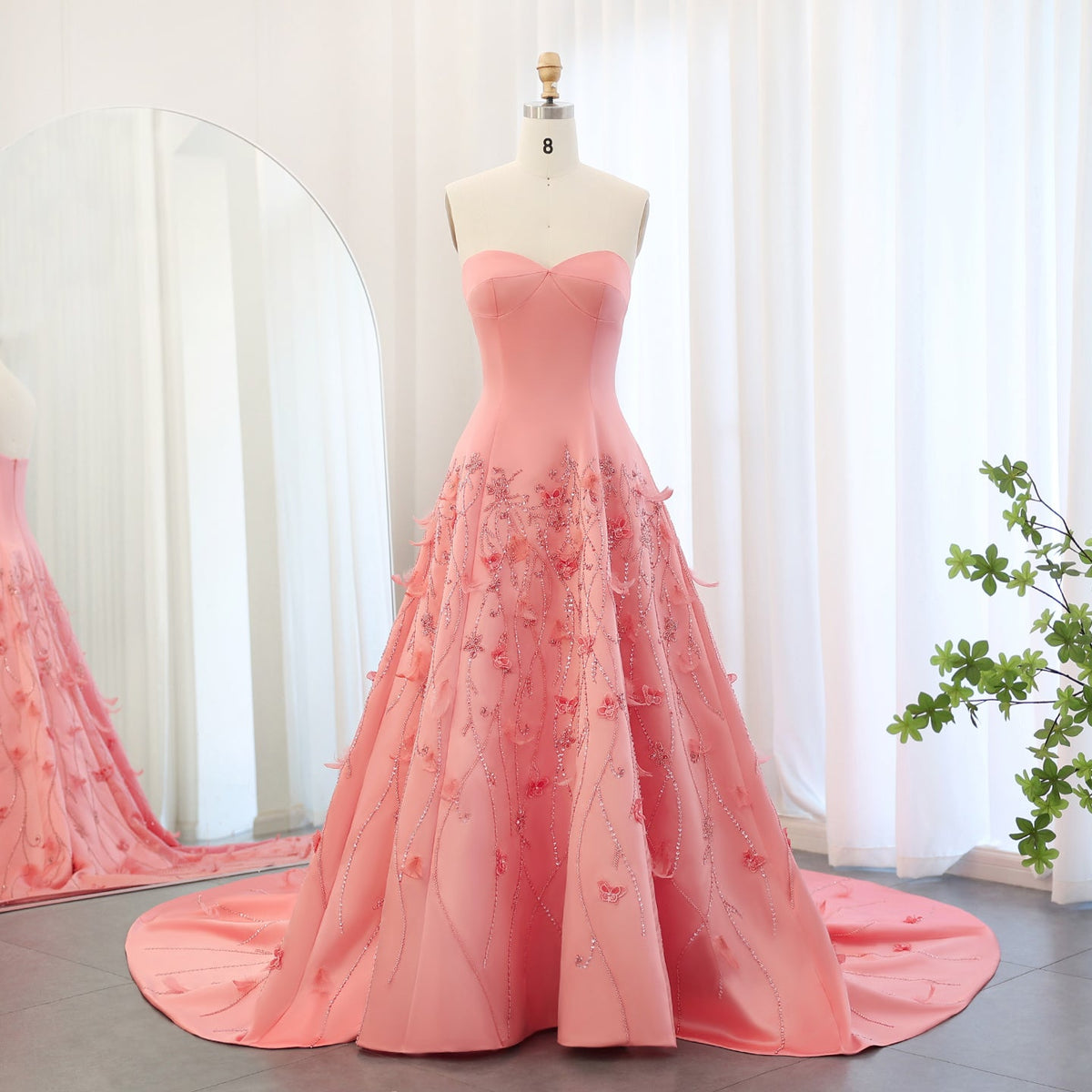 Luxury Feathers Coral Pink Beaded A-Line Evening Dresses SS470