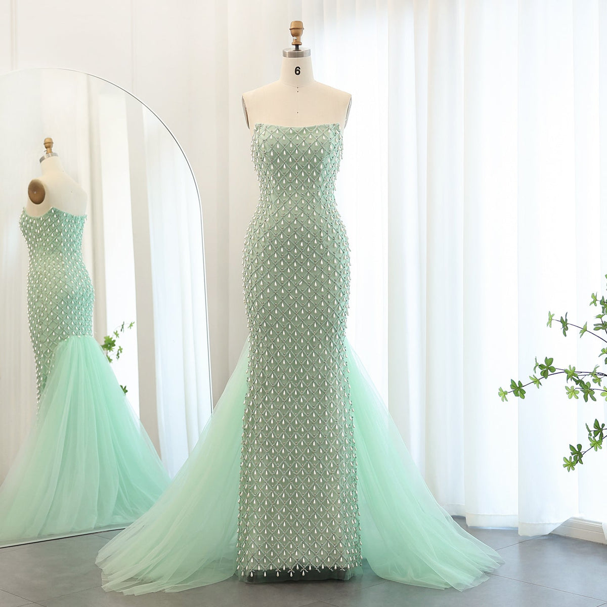 Luxury Pearls Sage Green Strapless Mermaid Evening Dress with Cape SS431