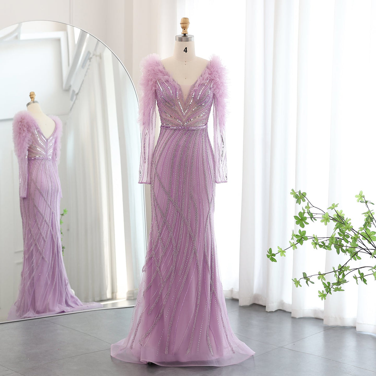 Luxury Lilac Long Sleeves V-Neck Mermaid Evening Dress SS433