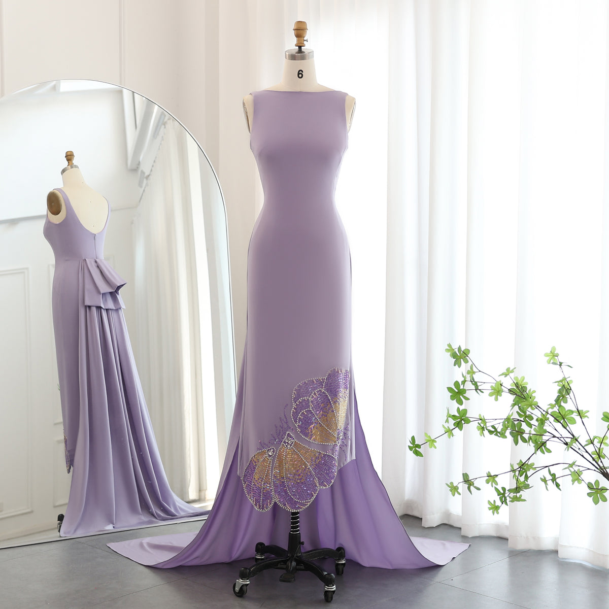 Elegant Beaded Coral Pink Scalloped Evening Dress with Train SS471