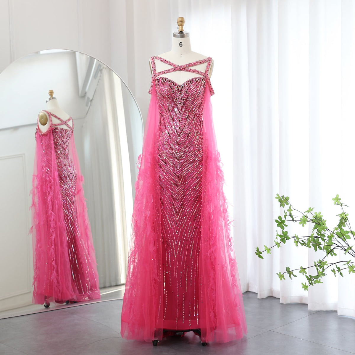Luxury Crystal Fuchsia Evening Dress with Cape Sleeves SS468