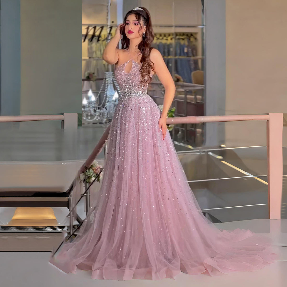 Elegant Dusty Pink Halter Neck Beaded A-Line Evening Dress SS580