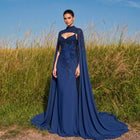 Navy Blue Beaded 3D Flowers Evening Dress with Cape SS074