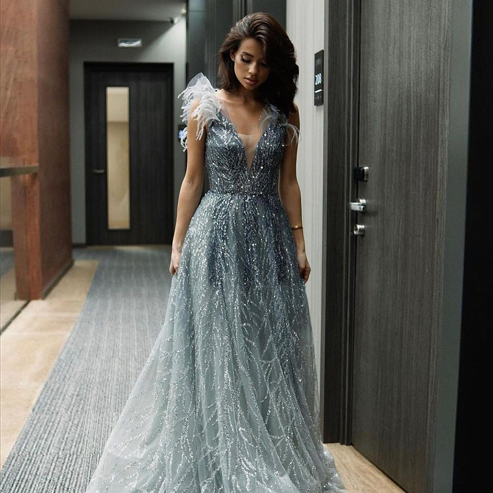 Luxury Feathers Blue V-Neck Beaded Evening Dress SS335