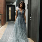 Luxury Feathers Blue V-Neck Beaded Evening Dress SS335