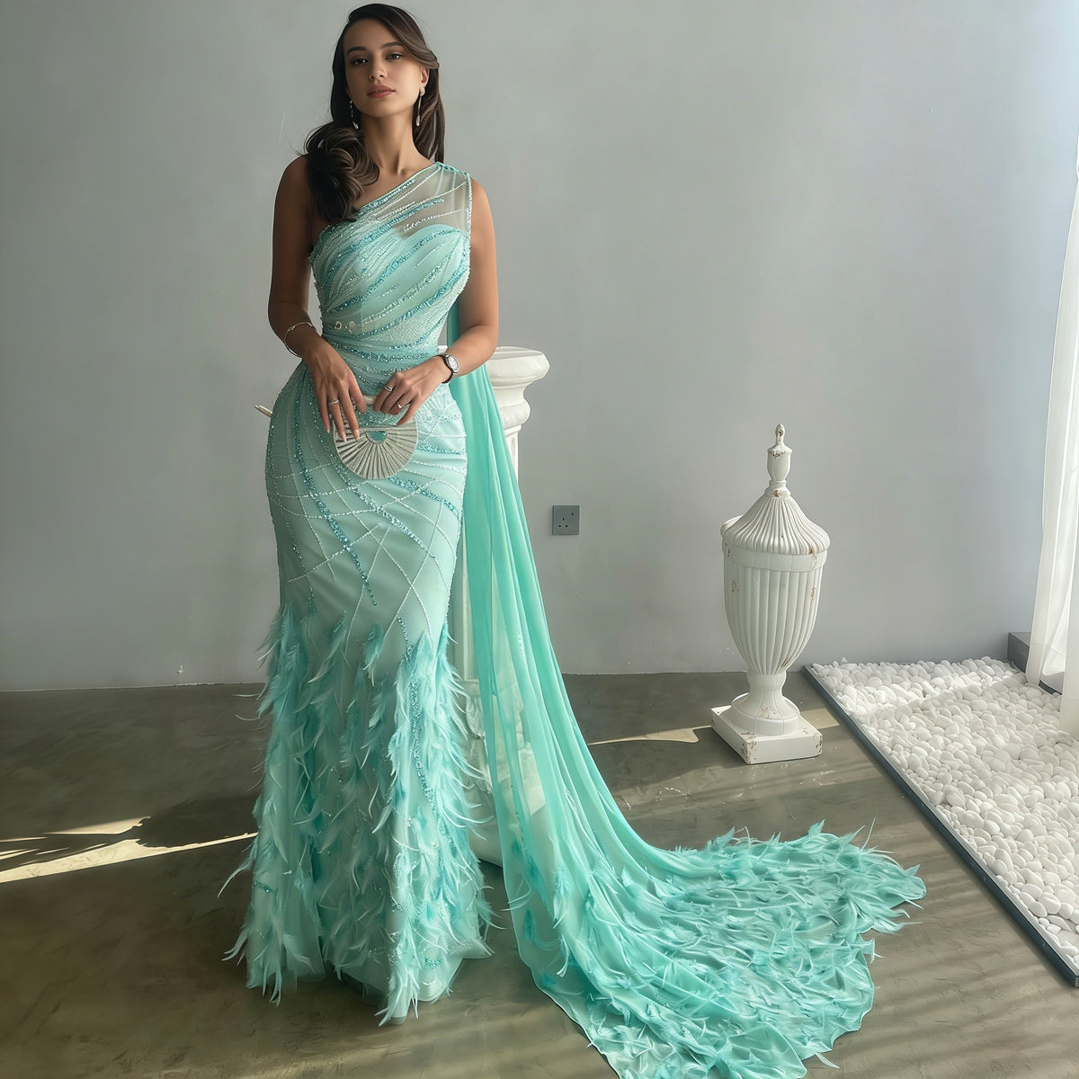 Luxury Feathers Turquoise One Shoulder Mermaid Evening Dress SS498