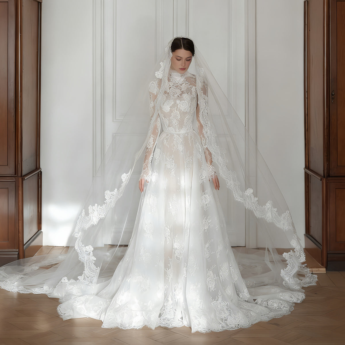 Ivory Lace High Neck Long Sleeve Wedding Dress with Cathedral Veil SW277
