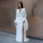 Romantic White V-Neck Ruched Feather Chiffon Evening Dress SF479