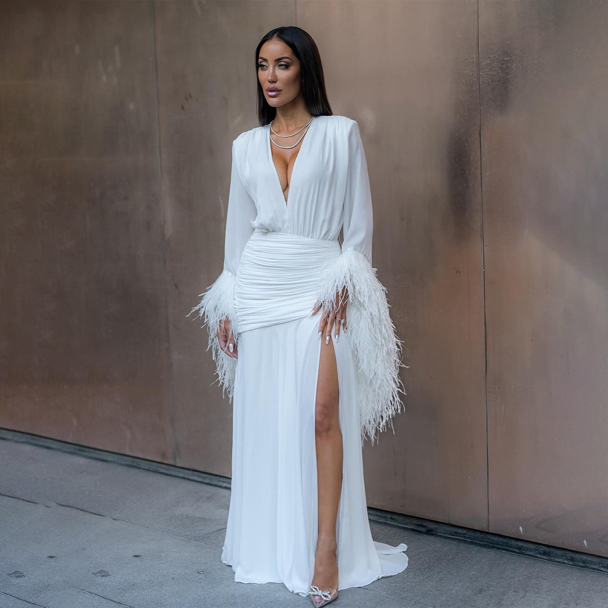 Romantic White V-Neck Ruched Feather Chiffon Evening Dress SF479