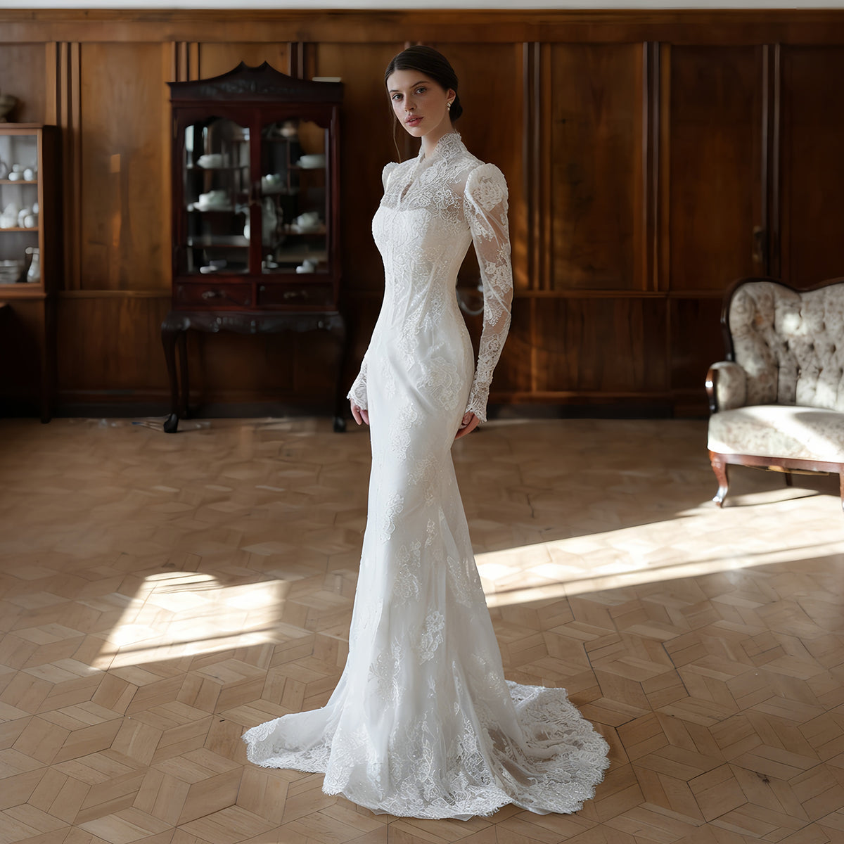 White Lace High Neck Long Sleeve A-Line Wedding Dress SW279