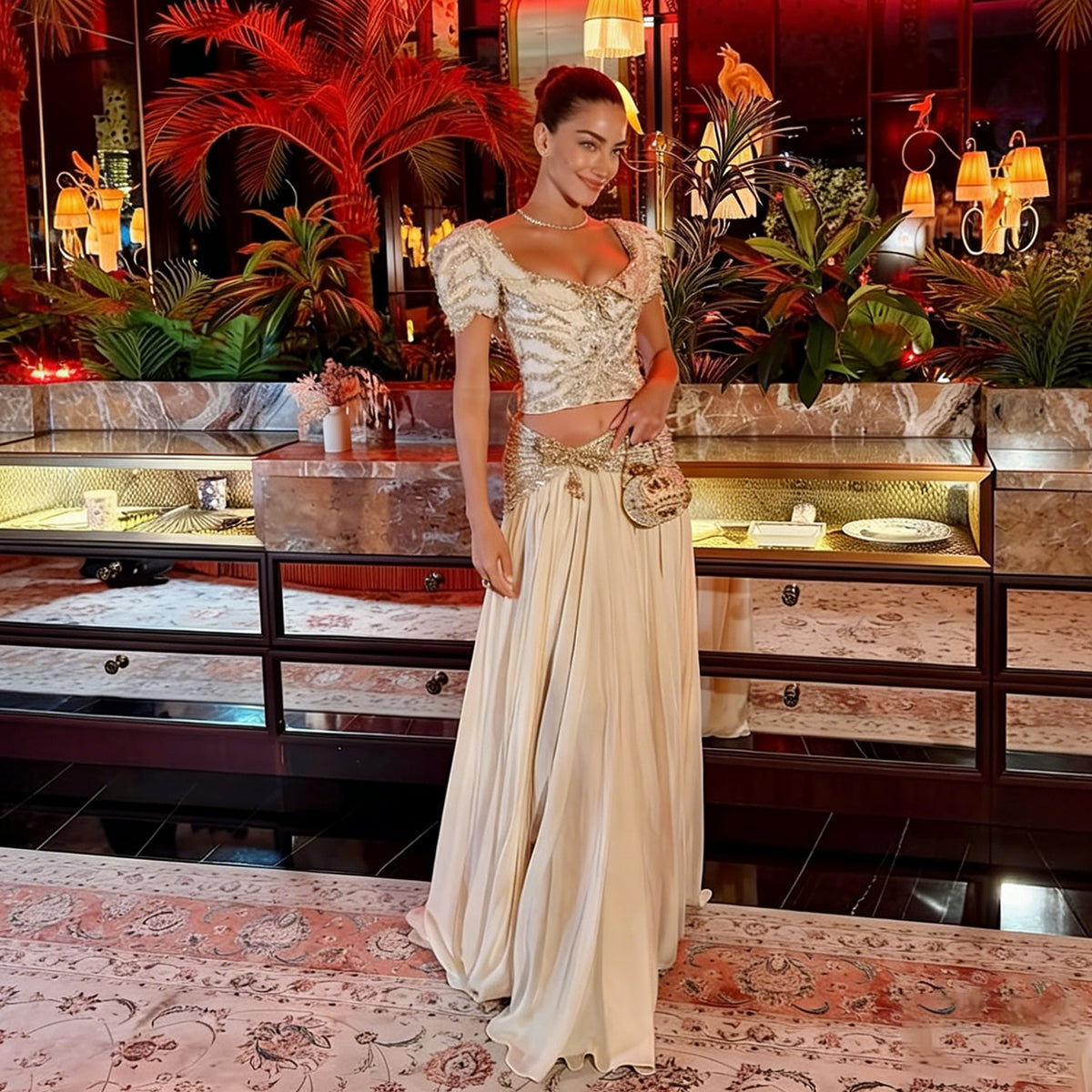 Luxury Champagne Crystal Two-Piece Evening Dress with Puff Sleeves SS544