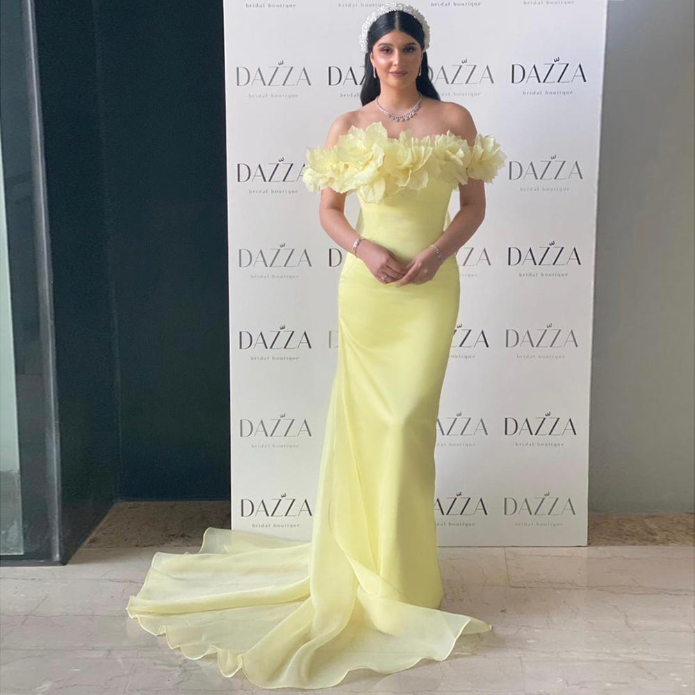 Elegant Light Yellow 3D Flowers Evening Dress with Overskirt SF013