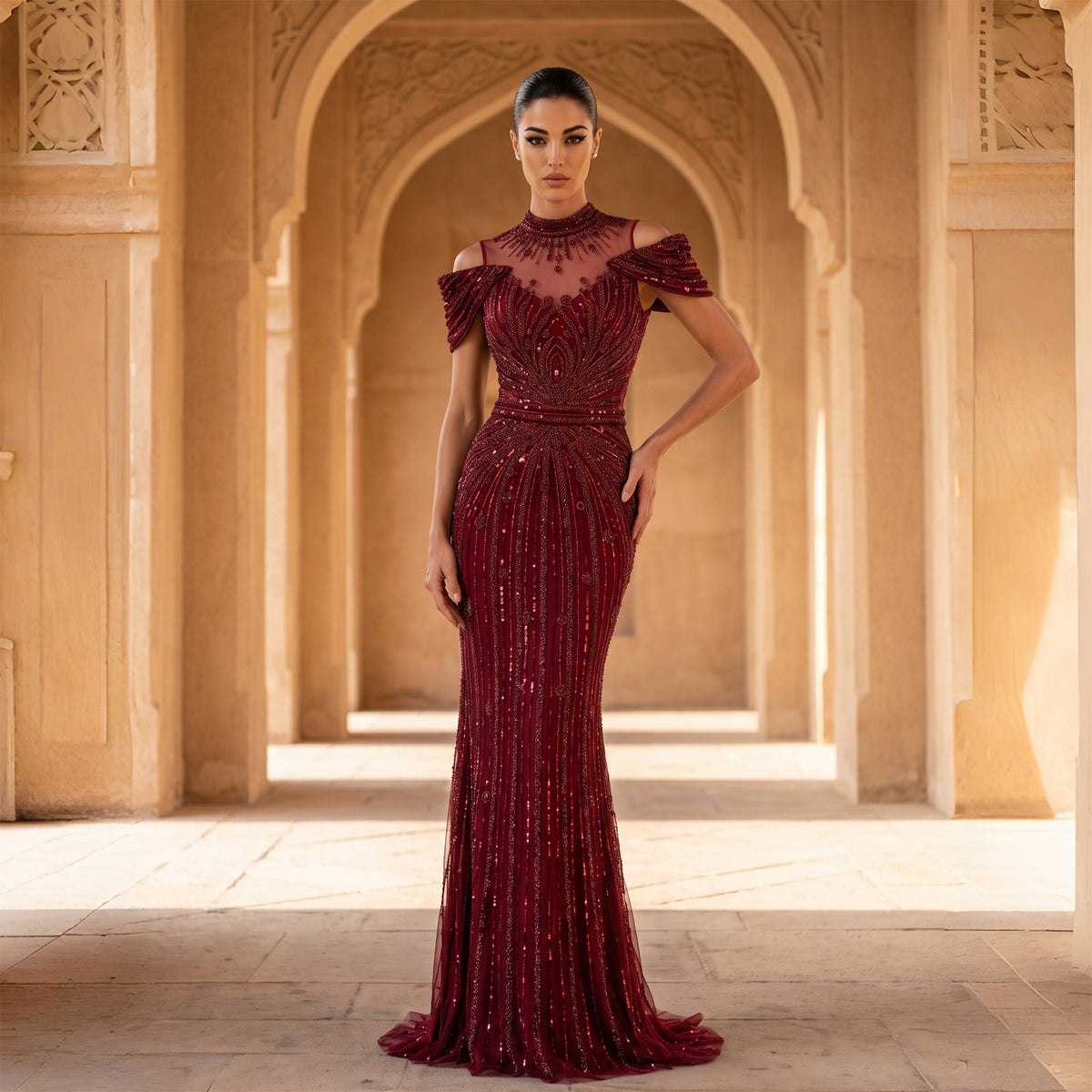 Luxury Wine Red Off-Shoulder Beaded Evening Dress SS109