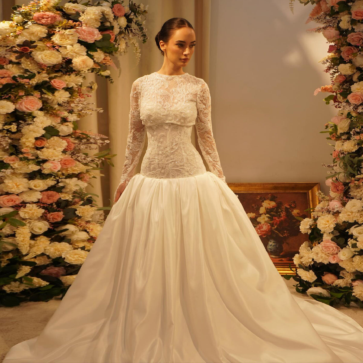 Luxury Off White High-Neck Pearl Lace Ball Gown Wedding Dress SW546