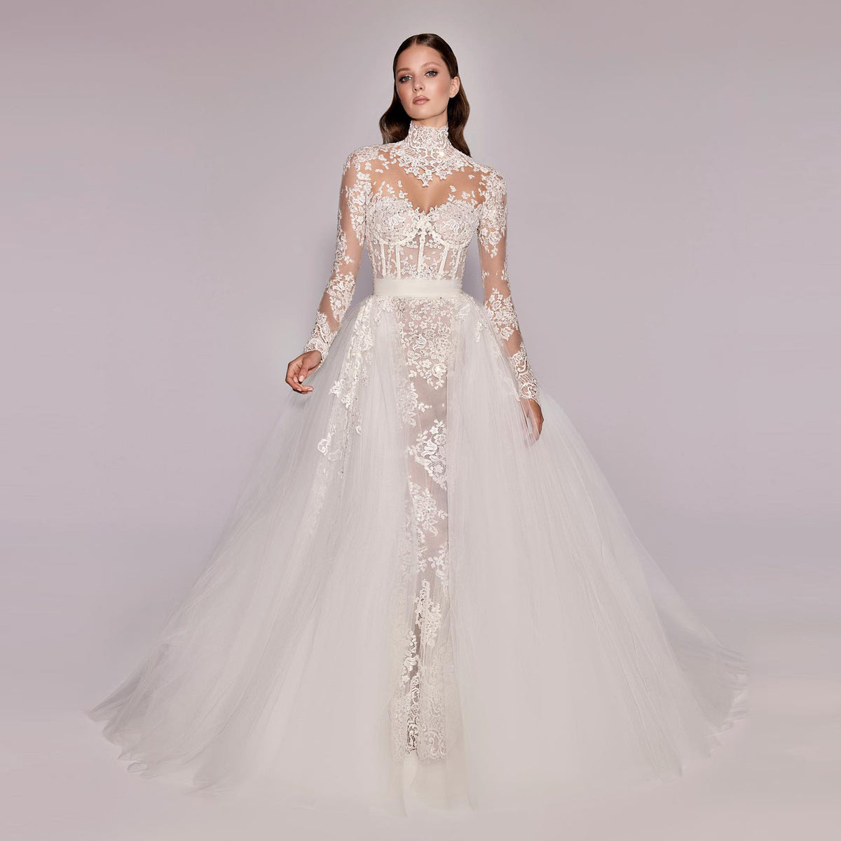 Luxury High-Neck Sheer Lace Train Wedding Dress with Overskirt SW545