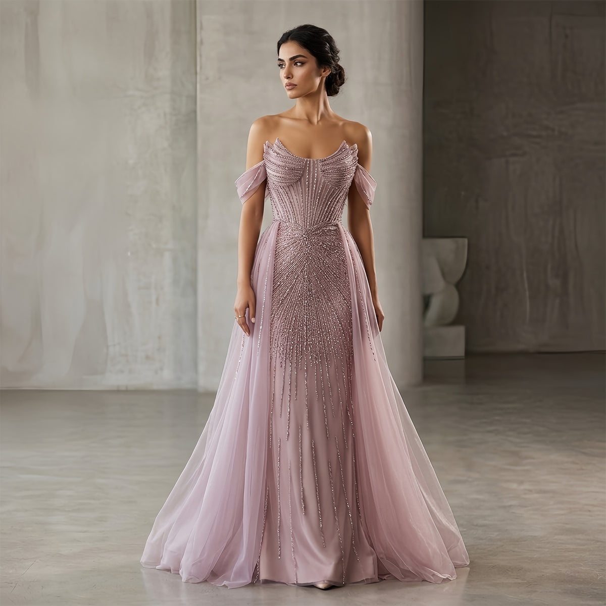 Luxury Pink Off-the-Shoulder Beaded Crystal Corset Evening Dress SS120