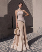 Crystal-Trim Pleated A-Line Evening Dress with Scarf