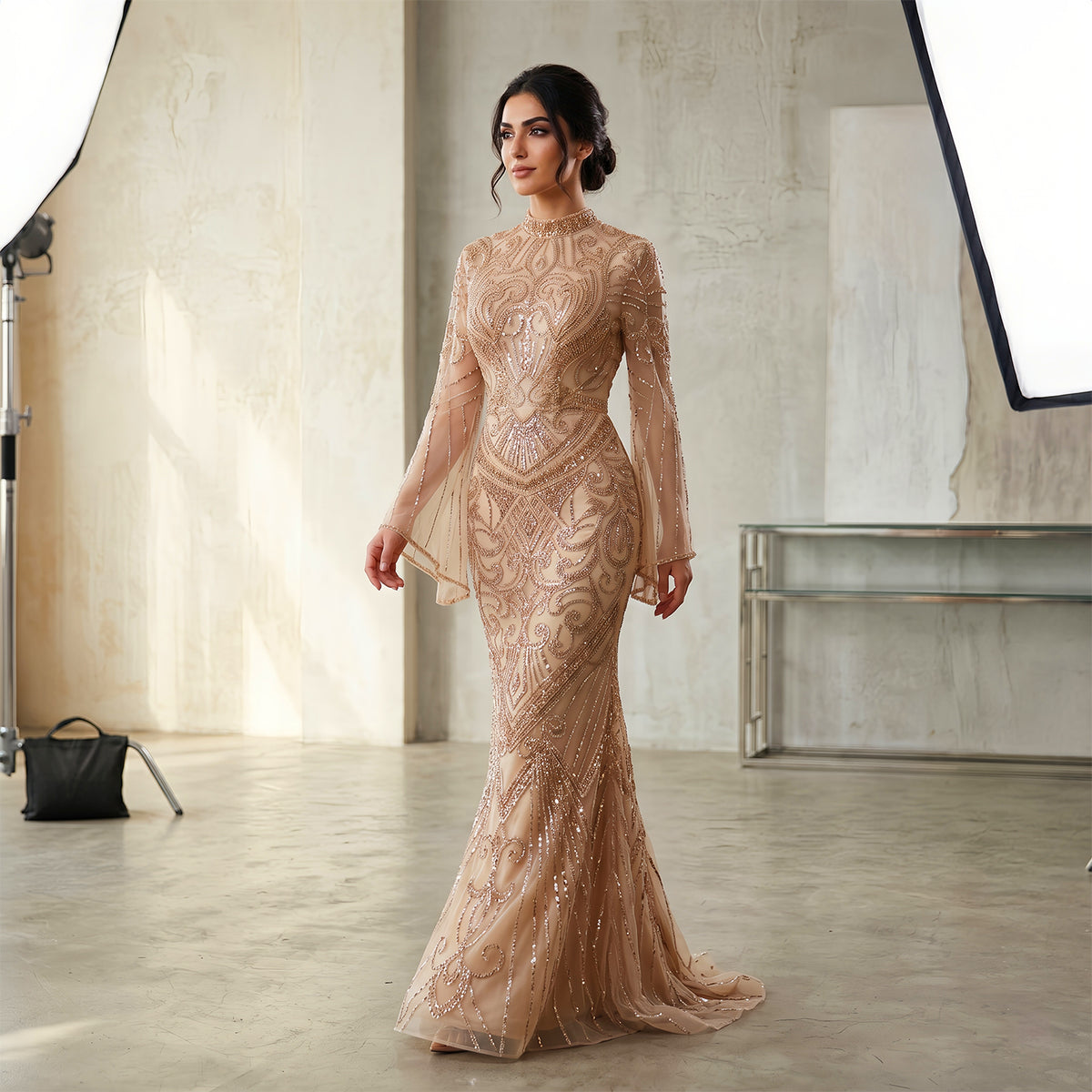 Luxury Black High Neck Beaded Mermaid Evening Dress SS055