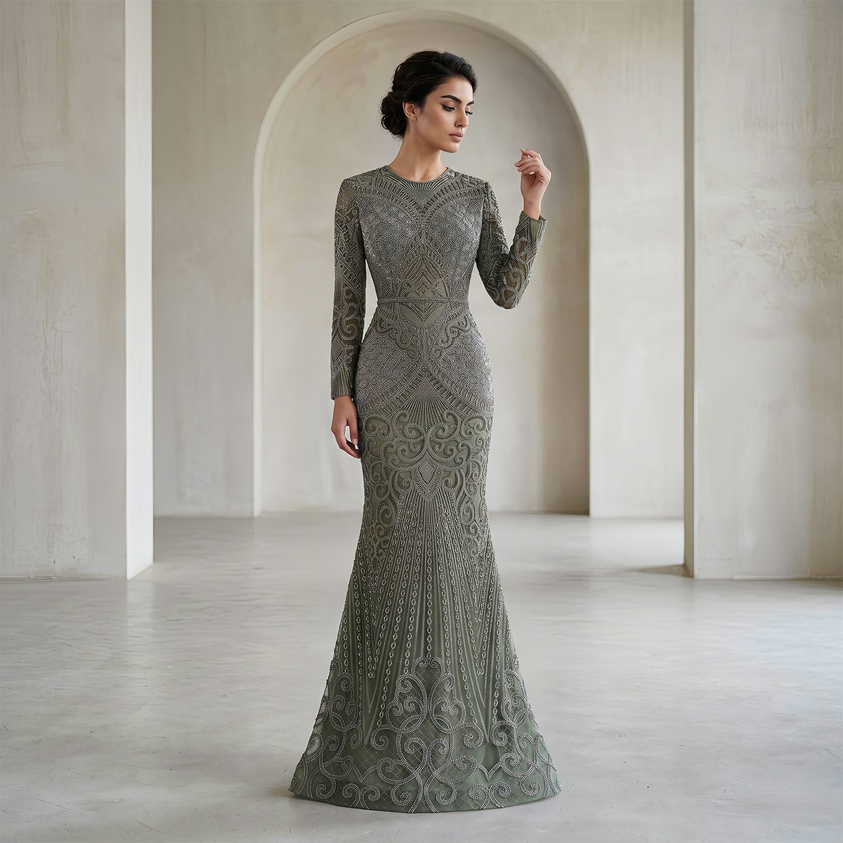 Luxury Dark Green Long Sleeve Beaded Mermaid Evening Dress SS056
