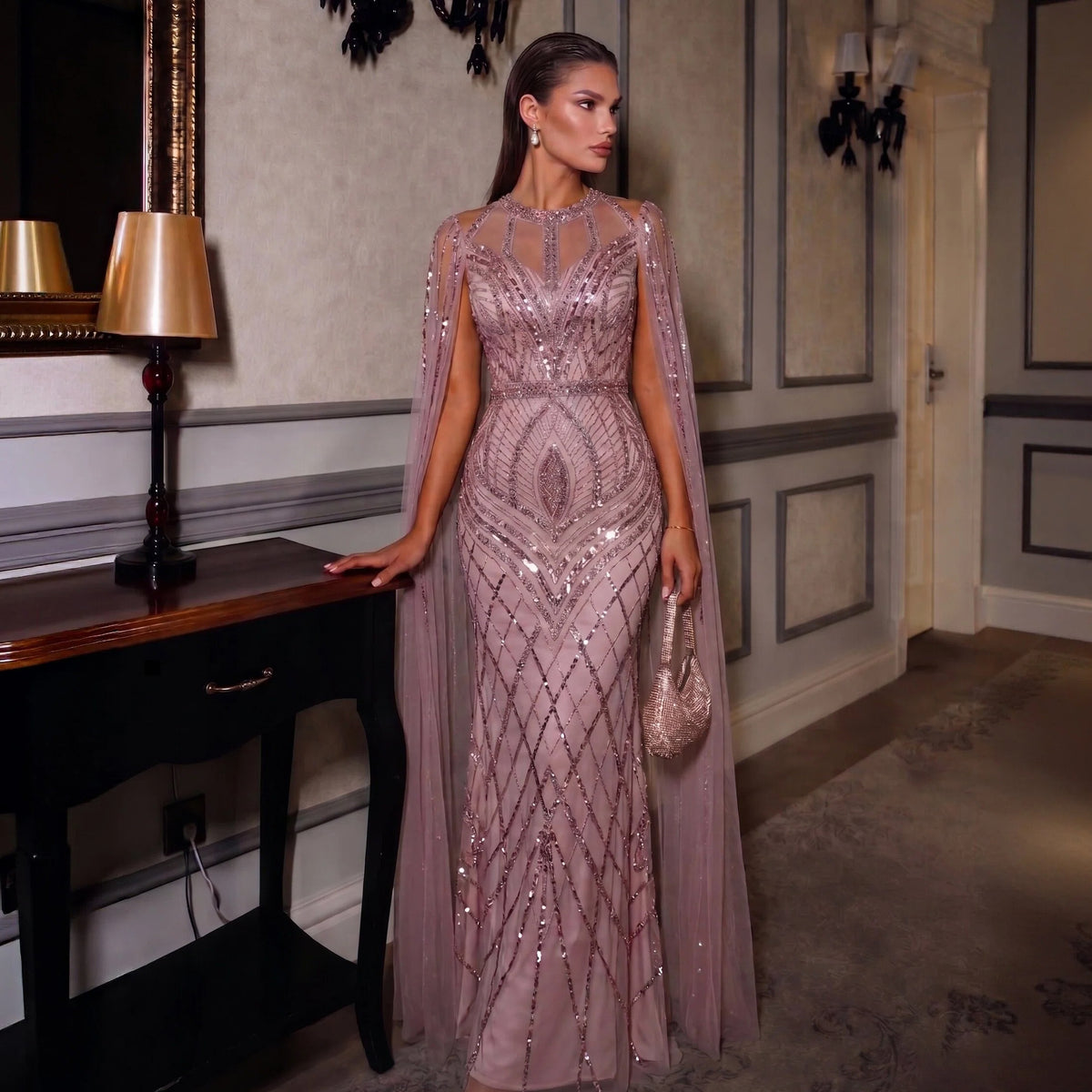 Dreamy Pink Cape Sleeve Beaded Mermaid Evening Dress SS126
