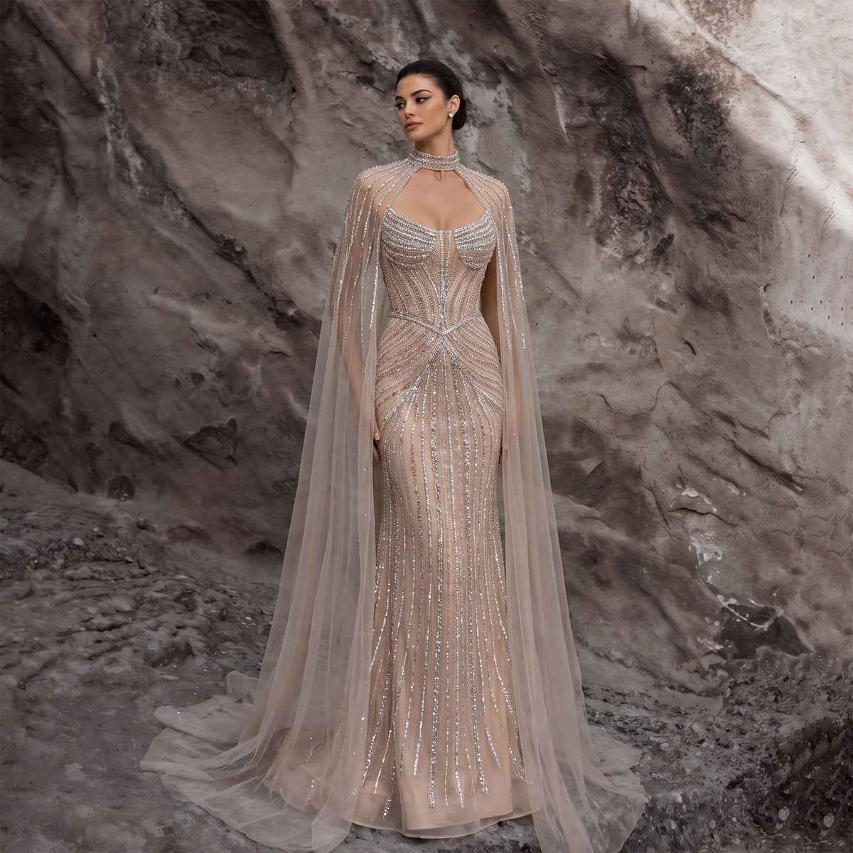 Champagne Mermaid Beaded Evening Dress with Cape Sleeve SS140