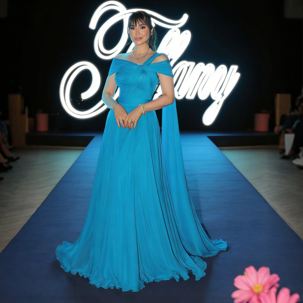 Luxury Blue Cold Shoulder Cross Neck Flowy Cape Evening Dress SF067