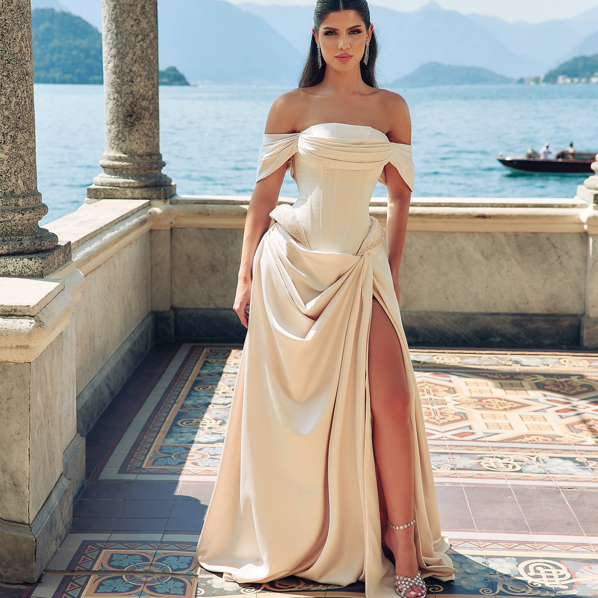 Luxury Beige Satin High-Slit Corset Waist Evening Dress SF062