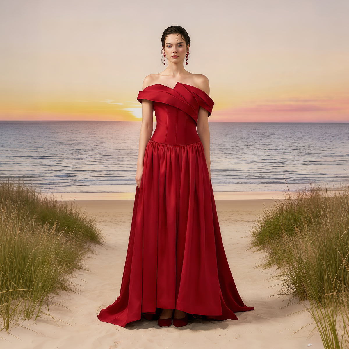 Classic Red Off-the-Shoulder Satin A-Line Evening Dress SF116