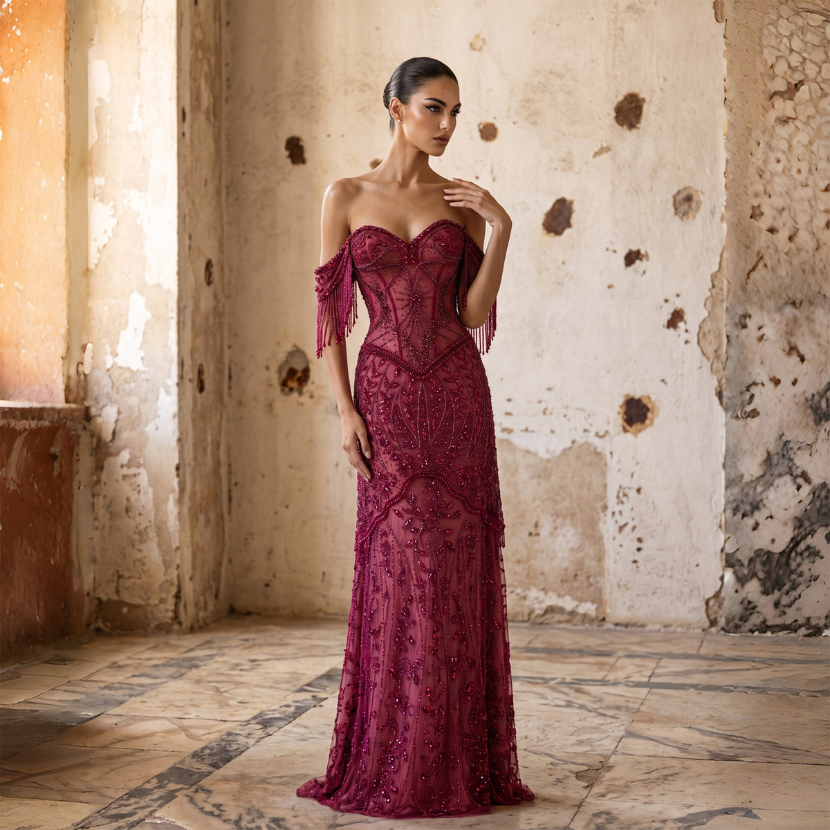 Elegant Fuchsia Beaded Tassel Off Shoulder Evening Dress SS516