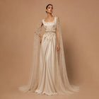 Elegant Champagne Square Neck Beaded Evening Dress with Cape Sleeve SS213