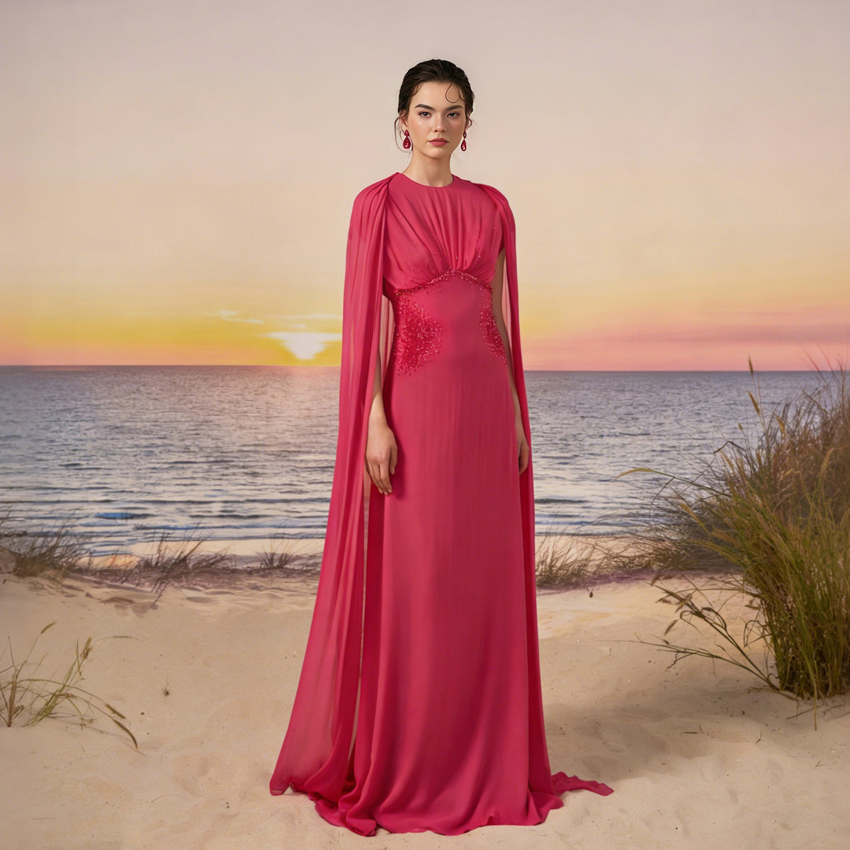 Glamorous Fuchsia High Neck Crystal Cape Sleeve Evening Dress SF118