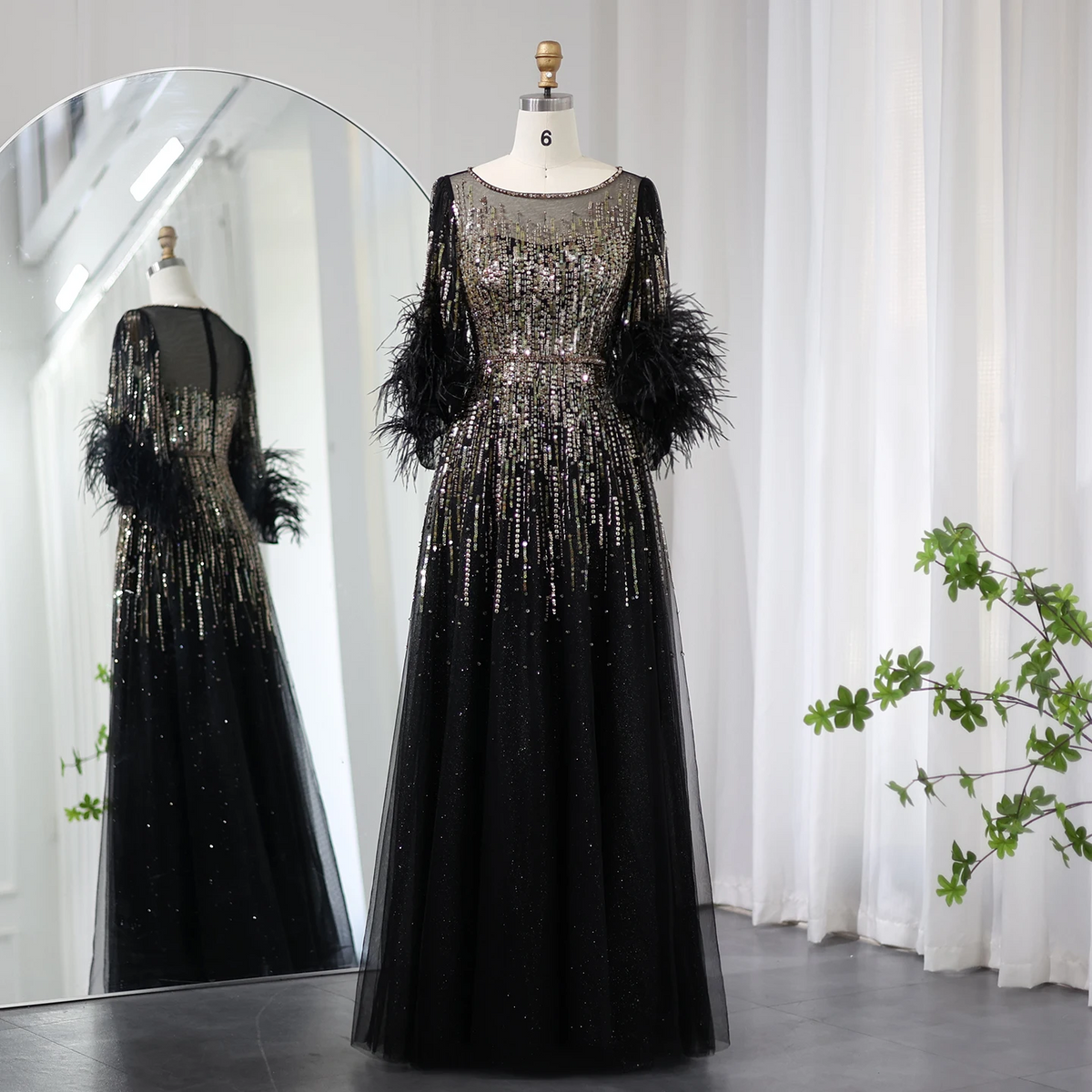 Luxury Feathers Black Half Sleeves A-Line Evening Dresses SS339
