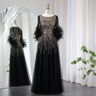 Luxury Feathers Black Half Sleeves A-Line Evening Dresses SS339