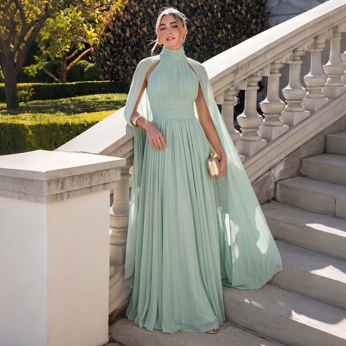 Glamorous Sage Green Airy Pleat Mesh Side Cape Stream A-Line Evening Dress SF187
