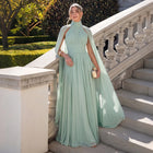 Glamorous Sage Green Airy Pleat Mesh Side Cape Stream A-Line Evening Dress SF187