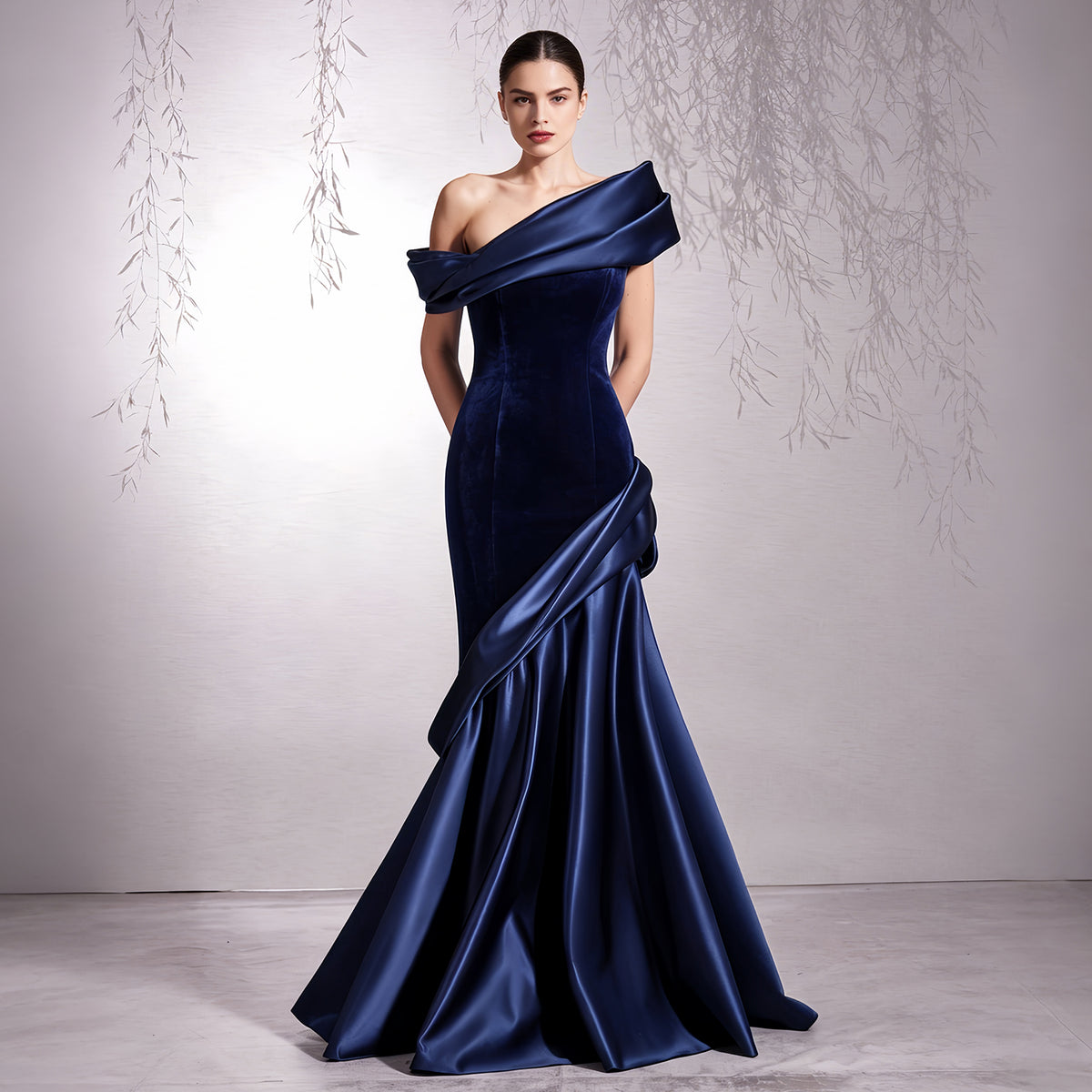 Romantic Navy Blue Off-Shoulder Evening Dress with Mixed Media Design SF143