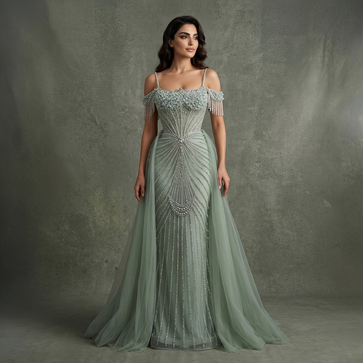 Elegant Green Spaghetti Strap Beaded Evening Dress with Overskirt SS121