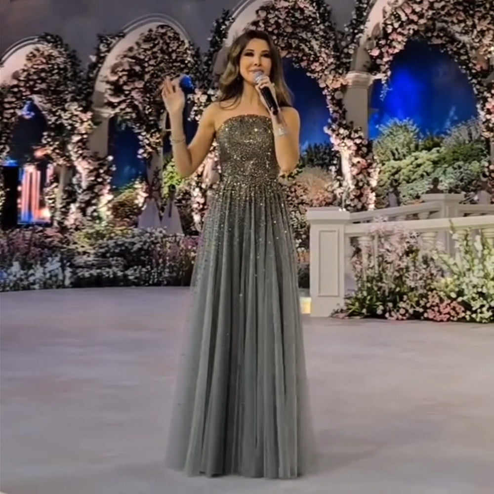 Luxurious Gray Crystal Strapless A-Line Evening Dress SS375