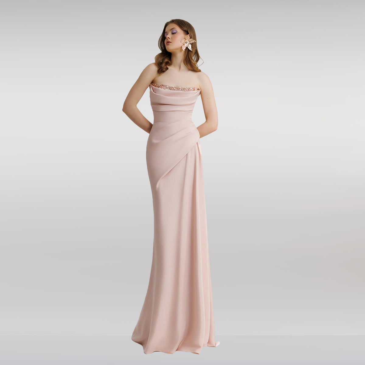 Elegant Pink Strapless Draped Beaded Chiffon Evening Dress SF431